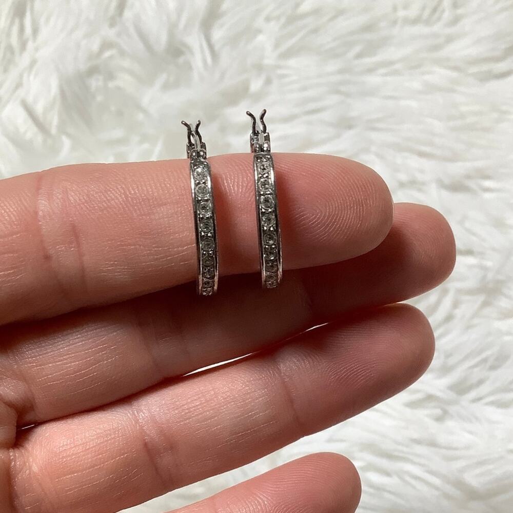 GIVENCHY Silver Tone Pave Rhinestone Crystal Channel Hoop Earrings Y2K E20-35